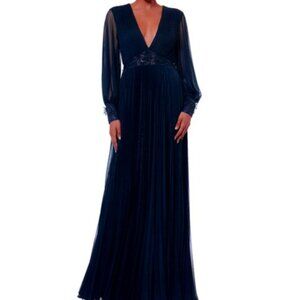 Betsy & Adam Dark Navy Blue Sequin Floral Waist Long Sleeve Gown
